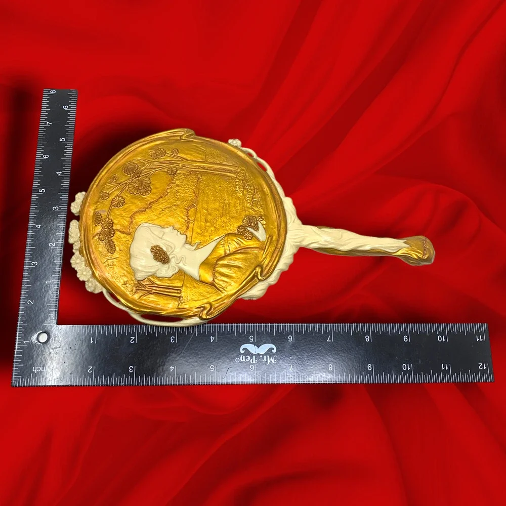 Art Nouveau Style Lady Hand Mirror Resin Vanity Mirror Gold Ivory Vintage 2004